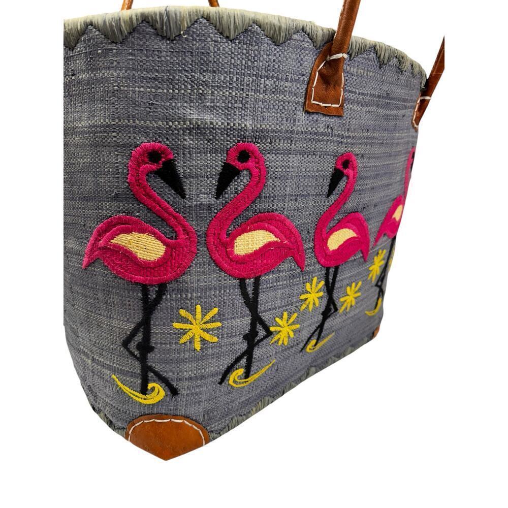 Le Comptoir De La Plage "Madagascar" Woven Raffia Blue/Pink Flamingos ExL Tote - Picture 13 of 16